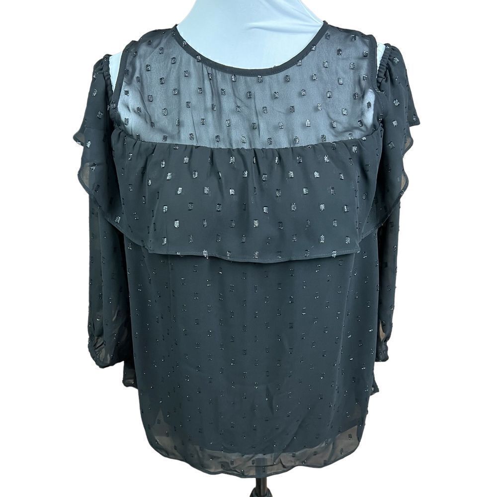 Oldnavy Top Cold Shoulder Black Sheer Neck Layered Lined Ruffles Medium